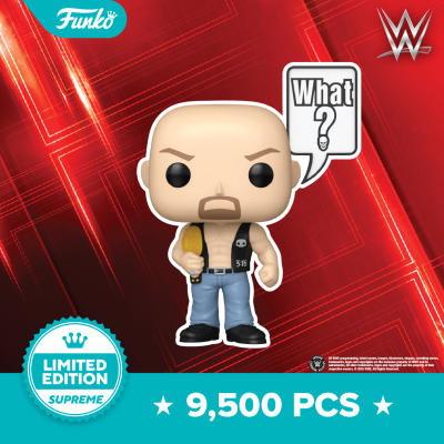 Figura Funko Pop edição limitada WWE, personagem com jaqueta preta e balão de fala 'What?'