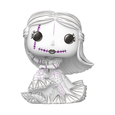 Figura vinil estilizada de personagem feminina com costuras roxas e vestido branco detalhado