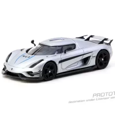 Miniatura de carro desportivo prateado com detalhes pretos e azuis