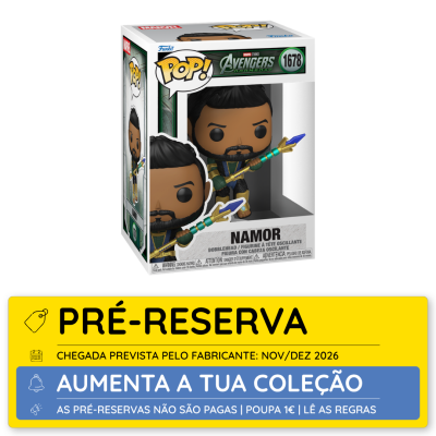 Funko Pop! Namor Avengers Doomsday em embalagem com pré-reserva em cartão amarelo