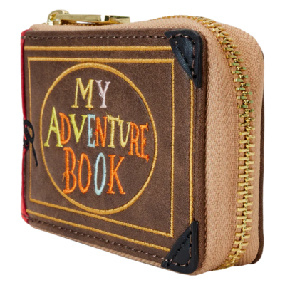 Carteira pequena em tecido bege com bordado colorido 'MY ADVENTURE BOOK'