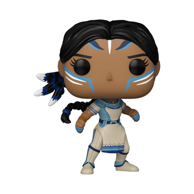 Figura Funko Pop feminina com pintura azul e branca e vestido azul e creme
