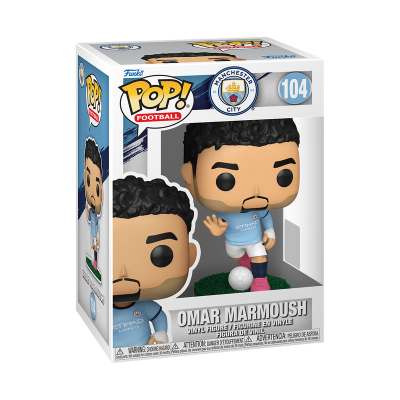 Figurinha de vinil Pop! Football do Omar Marmoush do Manchester City em caixa branca com detalhes azuis.