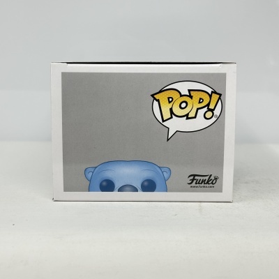 Caixa branca com imagem de um boneco Funko Pop azul e texto POP!