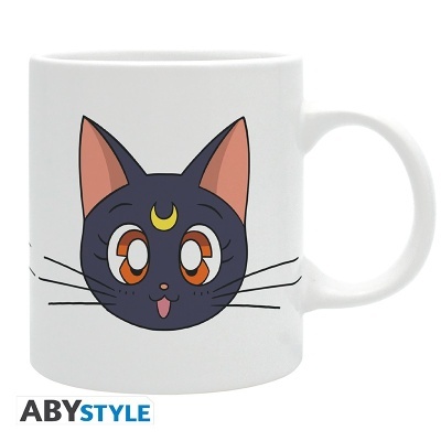 Caneca branca com desenho de gato preto estilizado e lua amarela na testa