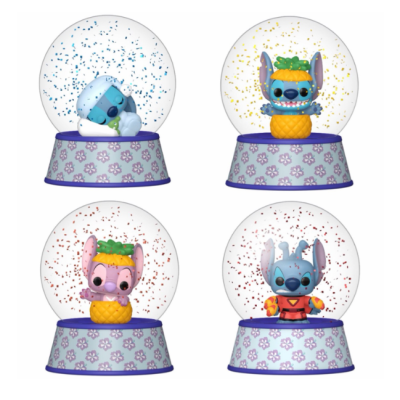 Quatro globos de neve com figuras do personagem Stitch em diferentes fantasias