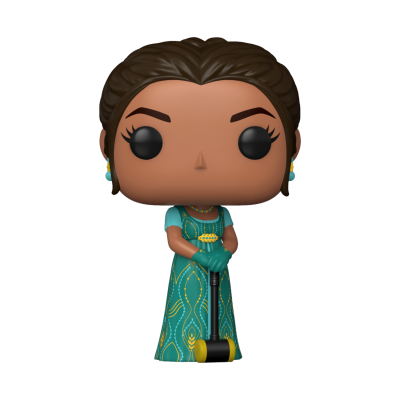 Funko Pop de mulher com vestido azul-petróleo e padrão dourado segurando martelo
