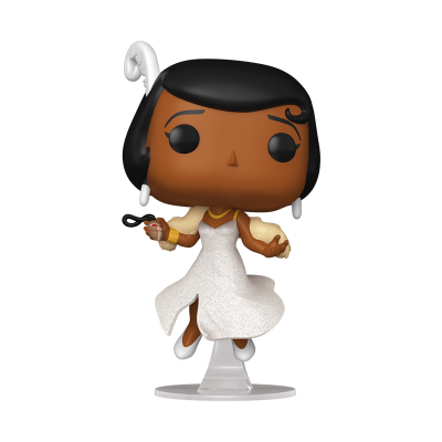 Figura Funko Pop de personagem feminina com vestido branco brilhante e cabelo preto com penacho branco
