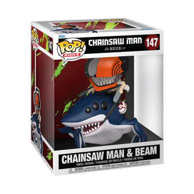 Figura vinyl Pop! Rides Chainsaw Man & Beam com tubarão azul na caixa