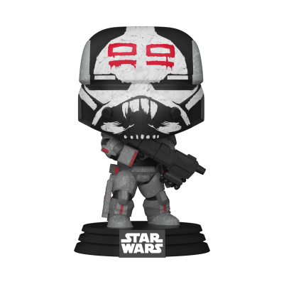 Figura Funko Pop de Stormtrooper de Star Wars com armadura cinza, branca e preta com detalhes vermelhos segurando arma