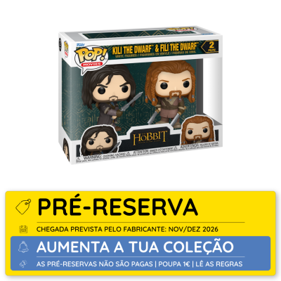 Caixa com duas figuras Funko Pop de Kili e Fili, anões de O Hobbit, em vinil.