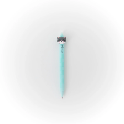 Caneta azul claro com cabeça de gato cinza e texto mini wonderful no corpo