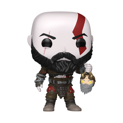 Funko Pop de Kratos com barba preta e cicatrizes, vestindo armadura de guerreiro, segurando um pequeno rosto dourado e cinzento
