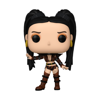 Figura Funko Pop feminina com roupa castanha e preta e cabelo preto em rabo de cavalo