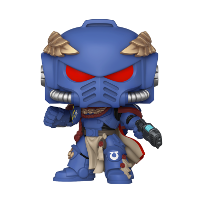 Figura colecionável de soldado futurista azul com olhos vermelhos e capacete dourado