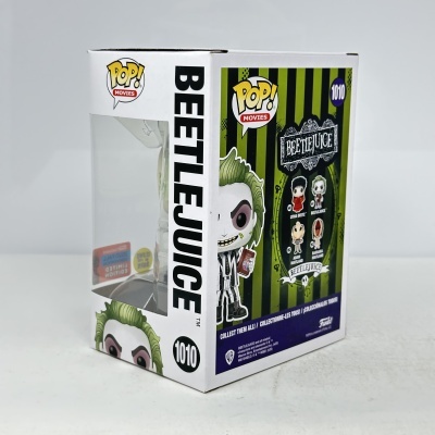 Caixa Funko Pop! verde e branca com figura colecionável do filme Beetlejuice.
