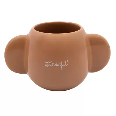 Caneca castanha com alças arredondadas e texto branco