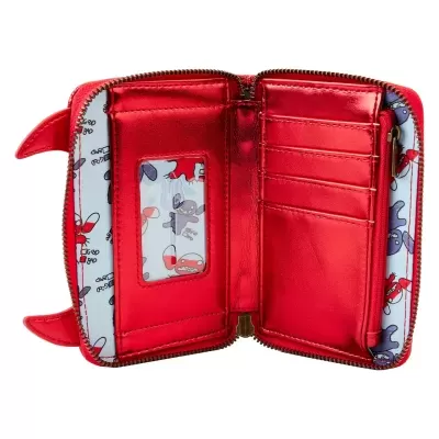 Carteira feminina vermelha aberta com interior à vista.