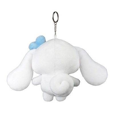Chaveiro de peluche branco com laço azul e orelhas compridas