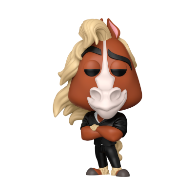 Figura Funko Pop de personagem com cabeça de cavalo castanho e crina loira vestindo terno preto