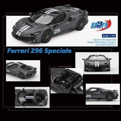 Miniatura Ferrari 296 Speciale escala 1/64 cinzento opaco com faixas e número 25