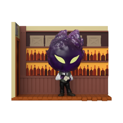 Figura colecionável com cabeça roxa e olhos amarelos em frente a um balcão de bar