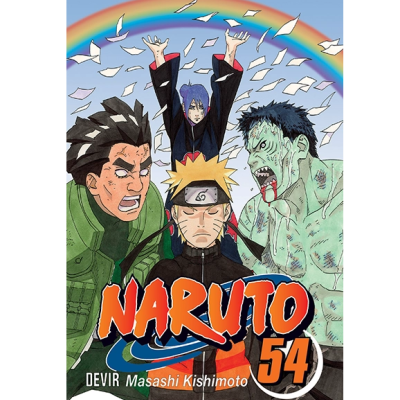 Capa do livro Naruto 54 com personagens de anime e arco-íris ao fundo
