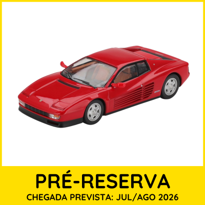 Miniatura de carro desportivo vermelho com interior castanho, em fundo branco com moldura amarela e texto