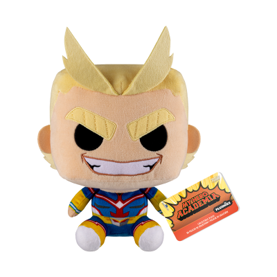 Pelúcia do personagem All Might do anime My Hero Academia com etiqueta.