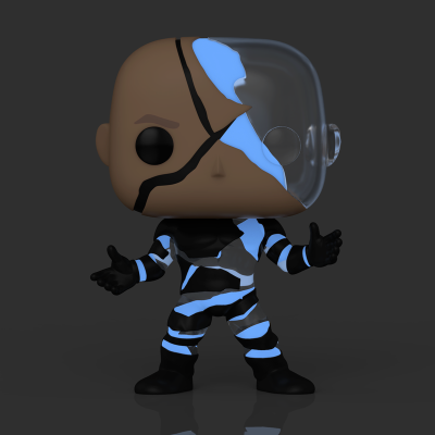 Figura colecionável Funko Pop com padrão azul claro e preto e máscara transparente