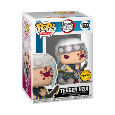 Figura Funko Pop! Tengen Uzui Demon Slayer vinil na caixa branca com detalhes azuis e roxos.