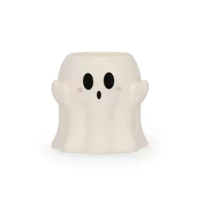 Vaso cerâmico branco em forma de fantasma com olhos e boca pretos.