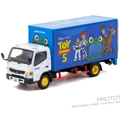 Carrinha de brinquedo do Toy Story 5 com caixa azul e personagens de desenho animado