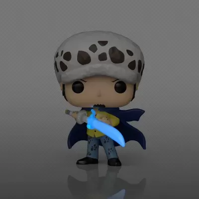 Boneco Funko Pop com gorro branco manchado, capa azul e espada luminosa