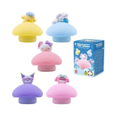 Luzes de cogumelo com personagens Hello Kitty e embalagem azul