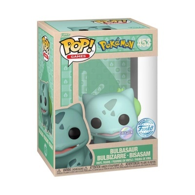 Figura Funko Pop Bulbasaur Pokémon azul em caixa verde e transparente