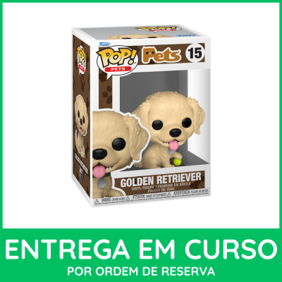 Figura Funko Pop! do Golden Retriever em caixa transparente e design castanho e branco