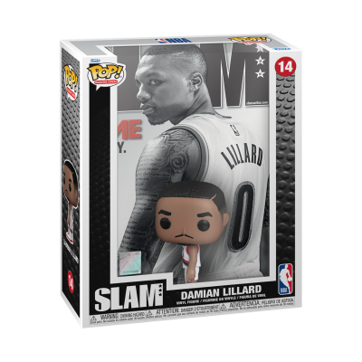 Figura de vinil Pop! NBA de Damian Lillard na caixa com design preto, branco e cinza.
