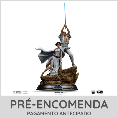 Estatueta de Luke Skywalker e Leia Organa em base rochosa com tema Star Wars
