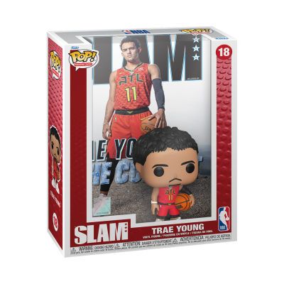 Figura Funko Pop! de Trae Young em caixa de embalagem com tema revista SLAM e detalhe da bola de basquetebol.