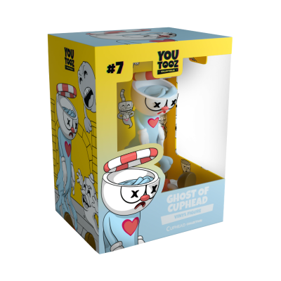 Embalagem amarela e azul com figura vinilica Ghost of Cuphead e ilustracoes do personagem