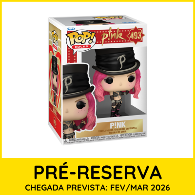 Figura Funko Pop! Rocks P!NK vinil cabelo rosa chapéu preto roupa preta em caixa transparente.