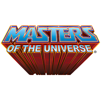 Logótipo tridimensional azul e vermelho com texto MASTERS OF THE UNIVERSE