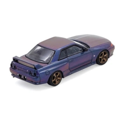 Miniatura de carro desportivo metálico roxo e azul com jantes douradas
