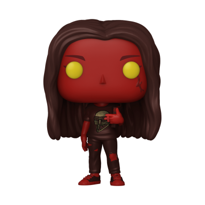 Figura Funko Pop vermelha com cabelo castanho e roupa preta