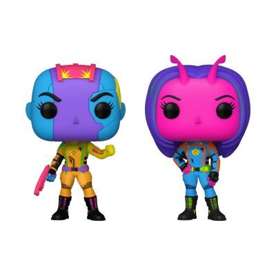 Duas figuras Funko Pop coloridas, uma azul e roxa com roupa amarela e outra rosa com roupa azul.