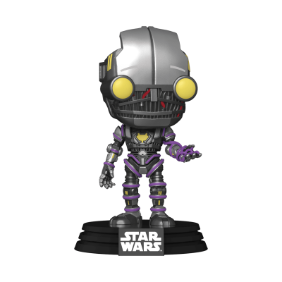 Figura Funko Pop robô Star Wars com olhos amarelos e base preta