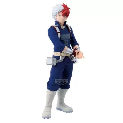 Figura colecionável de personagem com cabelo branco e vermelho e fato azul