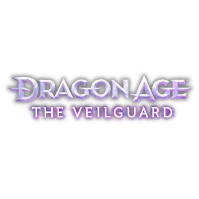 Logótipo do videojogo DRAGON AGE THE VEILGUARD em letras lilás e roxas