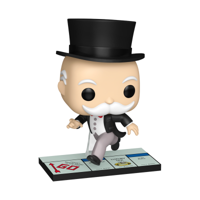 Figurinha Funko Pop do Mr. Monopoly com cartola e terno, sobre base tabuleiro Monopoly